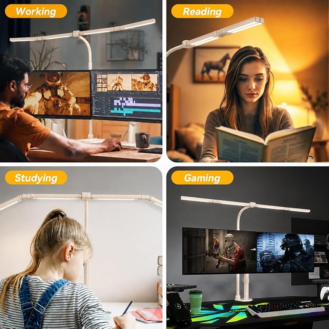 Adjustable LED Desk Lamp with Clamp, 4-Head Eye-Caring CRI95+ Desk Light, Stepless Dimming & Color Temp Remote Control, Flexible Neck, 5-Mode for Reading, Computer, Crafting, 90" Wide Desk Coverage