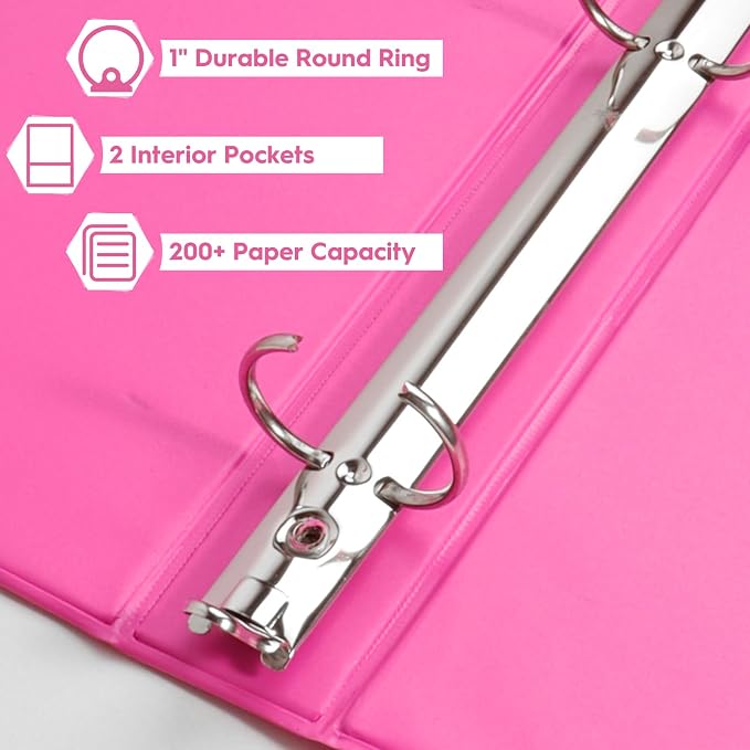 CIXILDTS 3 Ring Binders, Standard Round Ring Binder Fit Letter Size Paper, Presentation 1-Inch Binders, 6-Pack, Pink