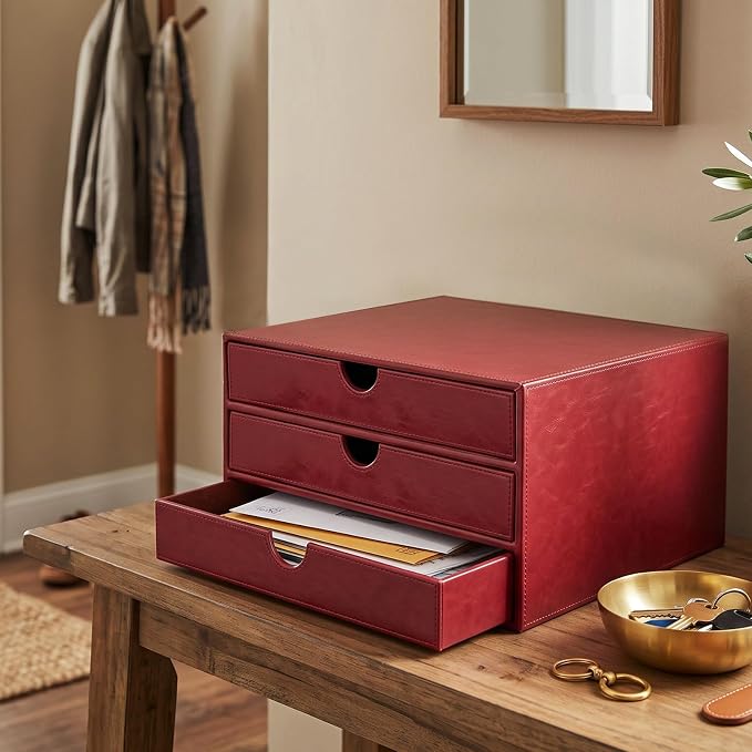 UnionBasic Document Organizer, 3-Drawer File Cabinet Document Storage Box, Office Desktop Filing Organizer, Burgundy | Document Storage Box, Office Desktop Filing Organizer, Printed Oil Faux Leather