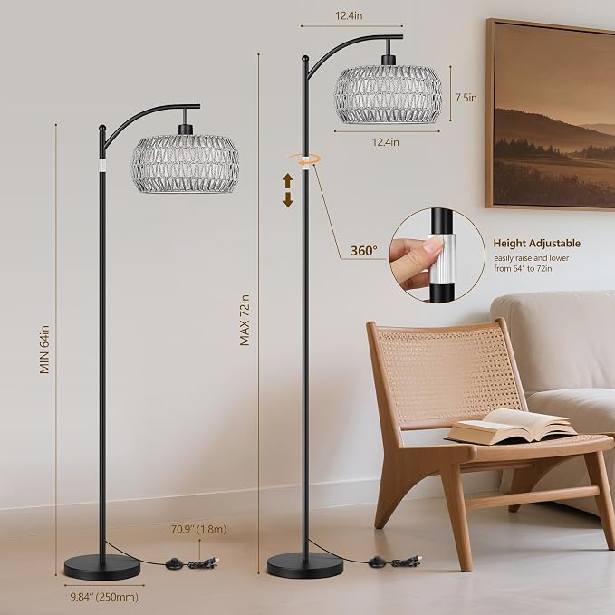 Rattan Floor Lamps for Living Room, Boho Standing Lamps with Grey Rattan& Linen Double Shades, Arc Lamps Floor Standing with 9W Bulb, Foot Switch, Bohemian Floor Lamps for Bedroom, Office-black