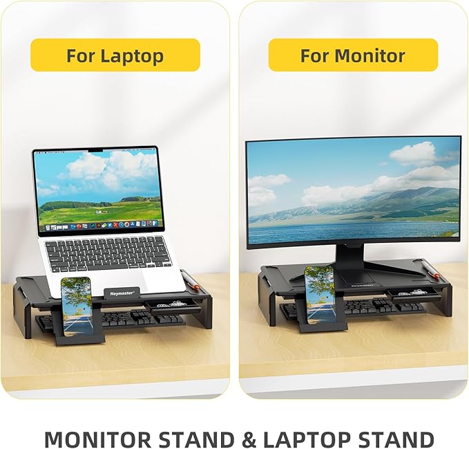 Heymaster Dual Monitor Stand for Desk, Gaming Monitor Riser with RGB Light, Foldable Computer Monitor Stand Riser, Desk Organizers and Accessories for Desktop, Printer (Black)