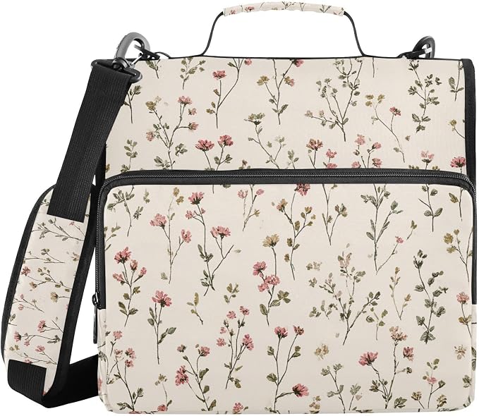 Vintage Wildflorals 3 Ring Zipper Binder with Handle 1.5 inch Binder Organizer, Multi Pockets Office File Folder with Shoulder Strap 500 Sheet Capacity