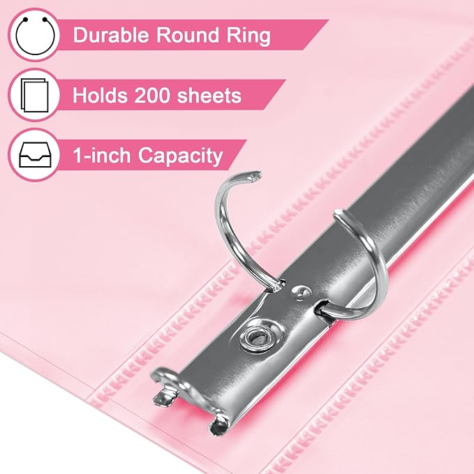 SUIN 1-inch 3 Ring Binder with 2 Interior Pockets, 1''Durable Binders Holds US Letter Size 8.5'' x 11'' Paper - Versatile Binders for Office, Home, and School Use, 6 Pack Pastel Pink