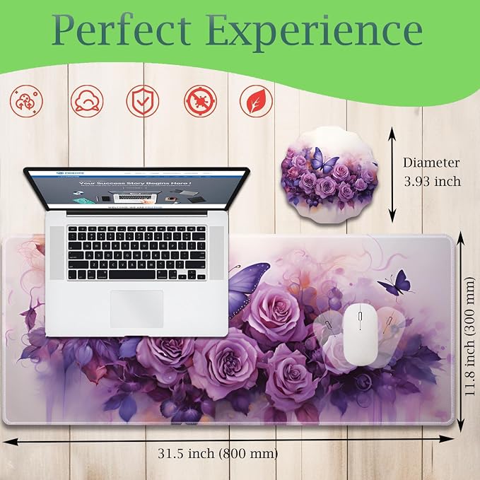 Extended Gaming Mouse Pad 31.5" x 11.8", with Edge Stitching, Non-Slip Rubber Base Keyboard Pad, Suitable for Work, Game, Office, Home and Coasters, Butterflies and Purple Roses