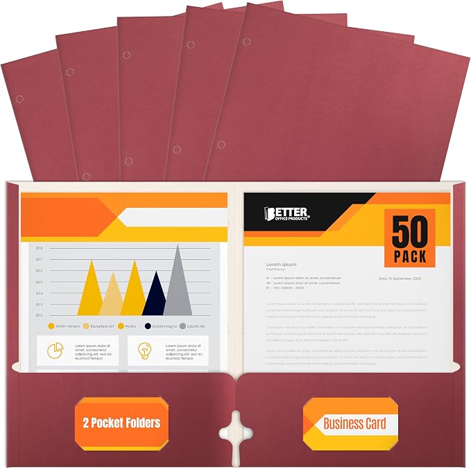 Better Office Products Two Pocket Portfolio Folders, 50-Pack, Burgundy, Letter Size Paper Folders, 50 Pieces, Burgundy