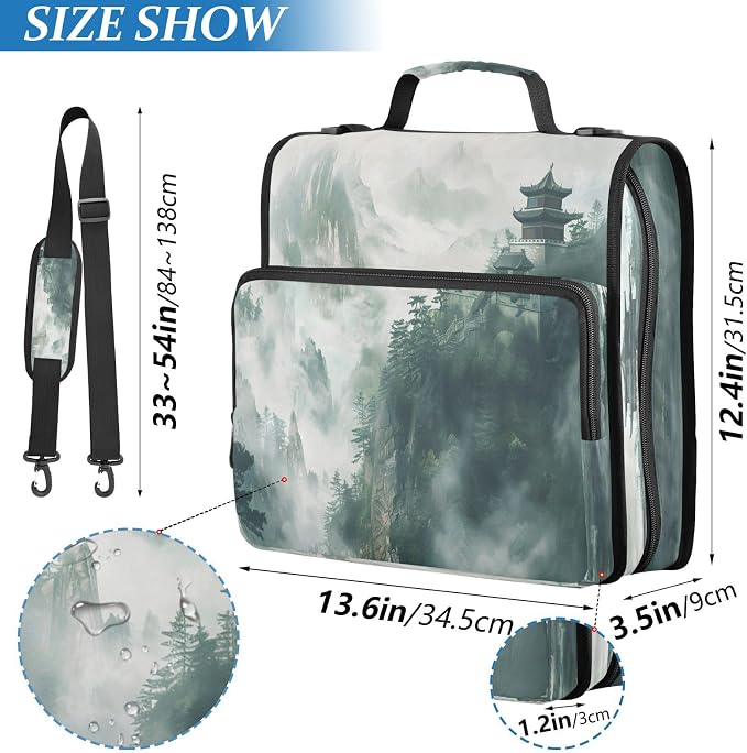 Ancient China Mountain Scene Zipper Binder 3 Ring with Handle and Shoulder Strap, 500 Sheet Binder Organizer Capacity & Multi-Pockets for School Office