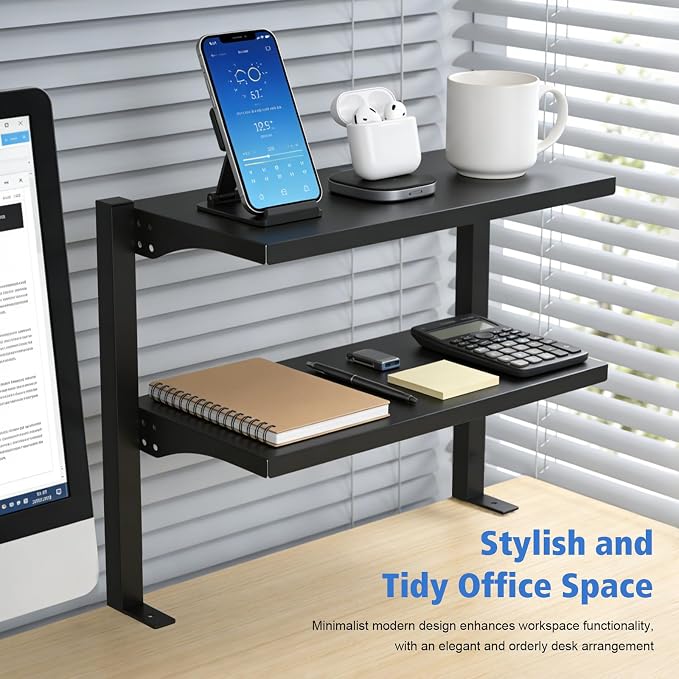 2-Tier Clamp-On Desk Shelf Organizer, Steel 16in Desk Shelf, Large | Heavy Duty, Expandable Above/Under Desk Storage Shelves, Desktop Extender Accessories for Office Study Room and Game Rooms