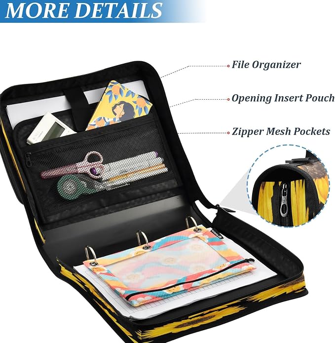 ATTX Sunflower Pattern Zipper Binder with Adjustable Padded Strap - 3 Ring 500 Sheet Capacity Binder Bag with Multi-Pocket Organizer, Fits 12 Inch Laptop