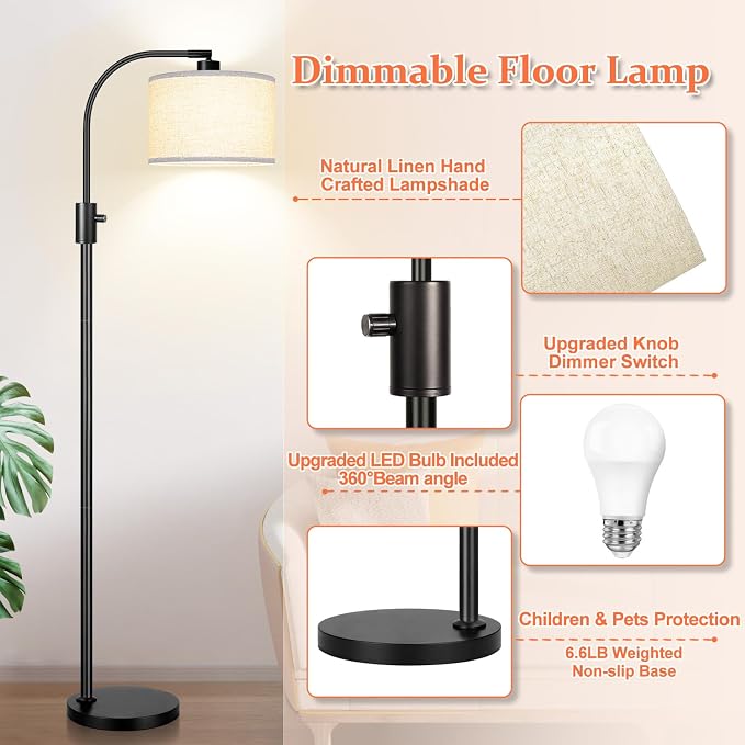 Nintiue Upgraded Modern Arc Dimmable Tall Standing Floor Lamp with Linen Shade, 1200 Lumens LED Bulb Included, for Living & Reading Room, Bedroom, Office & Nursery, Matte Black
