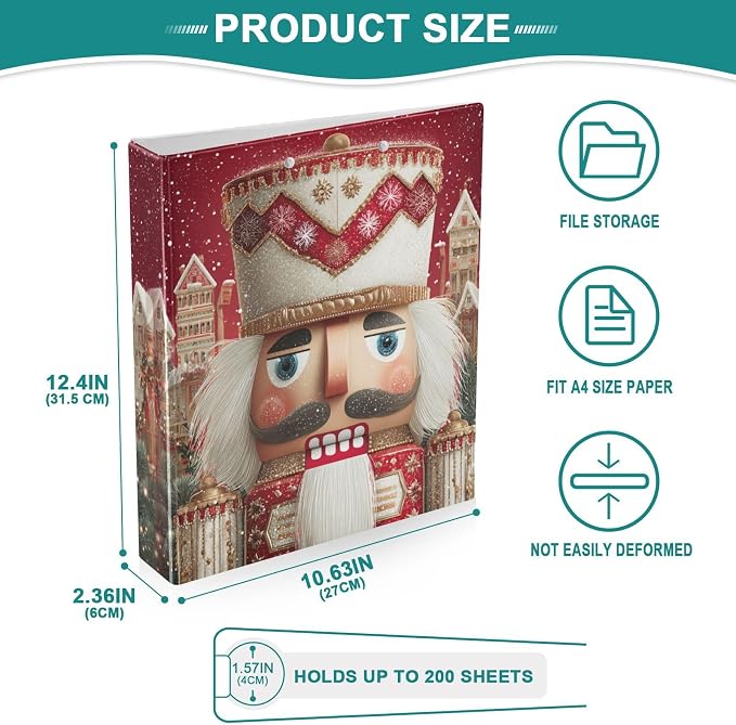 Red Christmas Nutcracker Binder 3 Ring 1.5 Inch Binder with Clipboard&Pockets, Hardcover Binders Heavy Duty Large File Folder for Office School Supplies - Holds 200 Sheets, 2 PC