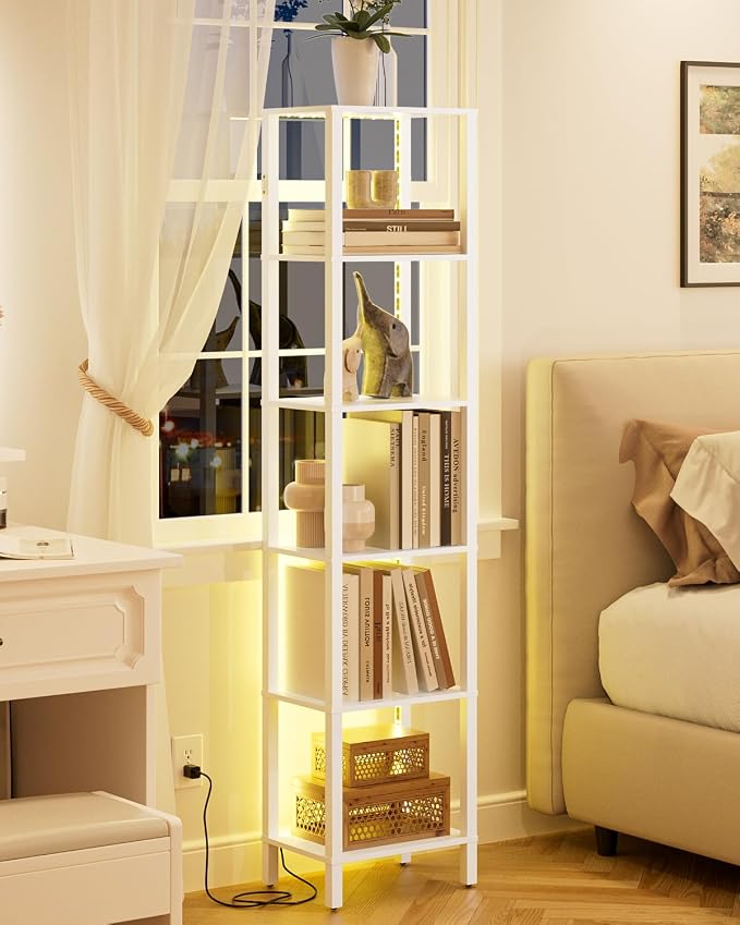 Open Book Shelf with LED Lights, 6 Tier Tall Bookshelf, Narrow Bookcase with Open Shelves, 14.57" x 10.63" x 65.83", Book Shelves for Living Room, Office, Study, White