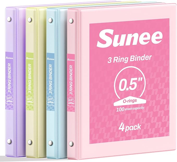 SUNEE 1/2 Inch Binders 3 Ring 4 Pack, Half Inch Thin Binder Clear View Three Ring PVC-Free (Fit 8.5x11 Inches) for School or Office Supplies, Assorted Pastel