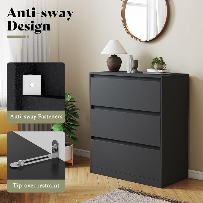 AMERLIFE Storage Cabinet with 3 Drawers, 32 x 16 x 36 Inch | 3-Tier Storage Case and Modern Display Shelf for Collectibles, Black