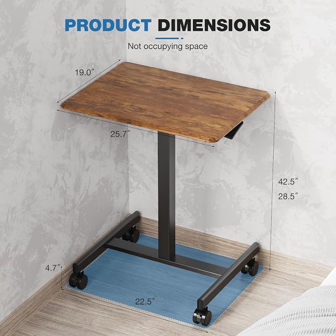 DUMOS Mobile Rolling Desk with Wheels Adjustable Height | Small Standing Desks Portable Laptop PC Table, Computer Workstation for Home Office Small Space, Modern Brown