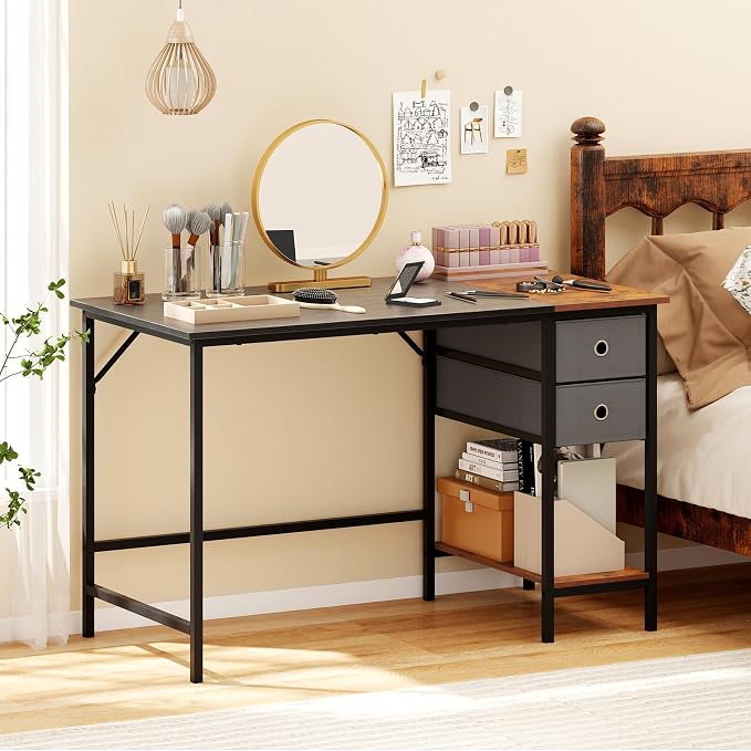Giantex 48" Computer Desk with 2 Fabric Drawers, Industrial Home Office Desk with Open Storage Shelf, 2-Toned Finish & Metal Frame, Gaming Study Writing Table for Small Space, Bedroom, Black