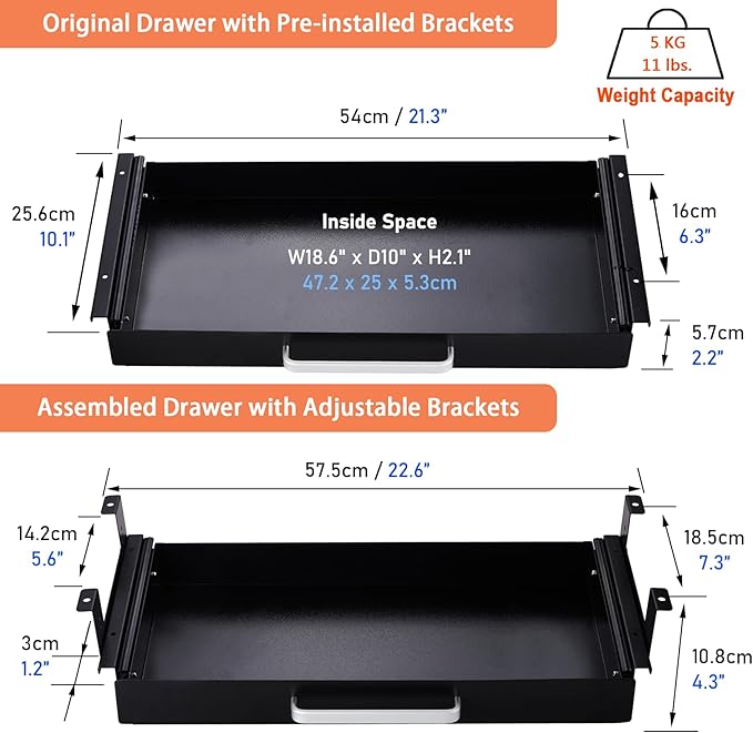 Under Desk Drawer Organizer 21", Large Desk Pencil Storage Drawer | Black, Under Cabinet Table, Heavy Duty Pull Out Shelf, Attachable for Workbench, Adjustable Brackets, Work Shop, Desk Lip
