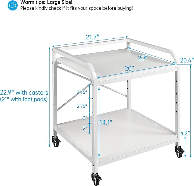 Fannova Large Printer Stand for Under Desk Storage, Adjustable Top Shelf | Table Top 20"x20", Fits 3D/Laser Printer, Easy Roll Industrial Wheels, Heavy Duty 2 Tier Printer Cart for Home Office, White