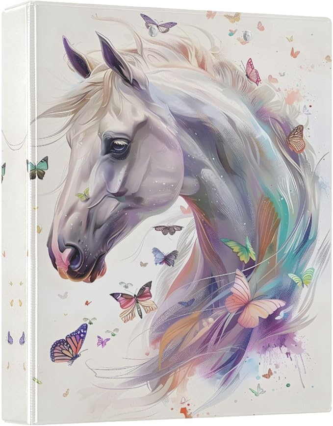 3 Ring Binder White Horse Butterflies 1.5" Round Ring Binders View Binder with 200 Sheet for Kids School Supplies Women Men Office, 1 Pack