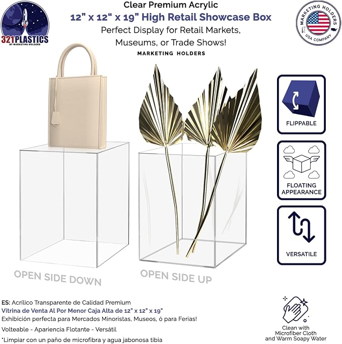 2 Pack Tall Display Box Clear Acrylic 12" x 12” x 19” No Lids Hollow Pedestal 5 Sided Display Trinkets Flower Tower Dust Cover Bin Collectible Items Elevated Multi Use Showcase by Marketing Holders