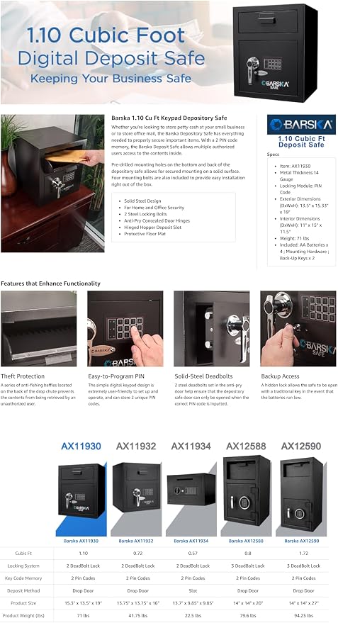 Barska Digital Depository Safe with Drop Slot – Solid Steel Lock Box for Cash, Mail & Valuables, Dual PIN Code Access, Anti-Pry Door, 2 Steel Bolts, Mounting Hardware – for Home & Office Security | Digital keypad depository safe with 5mm steel door and...