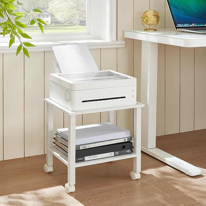 YUFAM 2 Tier Under Desk Printer Stand with Storage, White | Wooden Small Printer Table for Home Office, Rolling Printer Cart Shelf with Lockable Wheels