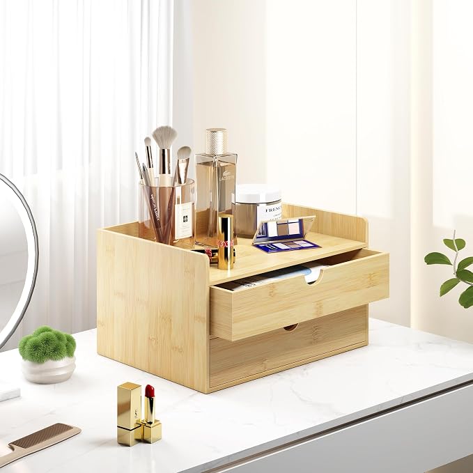 Bamboo Desk Organizer with Drawers, Desktop Storage Box for Office Supplies | 2 Drawers Desktop organizer, No Assembly Required, Natural Wood Wooden Desktop Drawers for Bills, Cosmetics, Seals, Paper