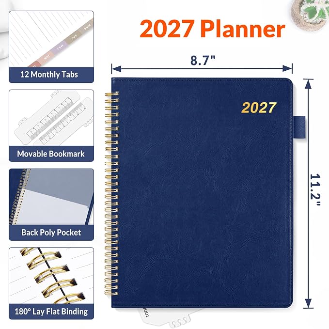 SUNEE 2027 Weekly & Monthly Planner 9"x11.2"- 12 Month (January 2027 - December 2027), Vegan Leather Cover, Pocket, Bookmark, Notes, Monthly Tab, Deep Blue