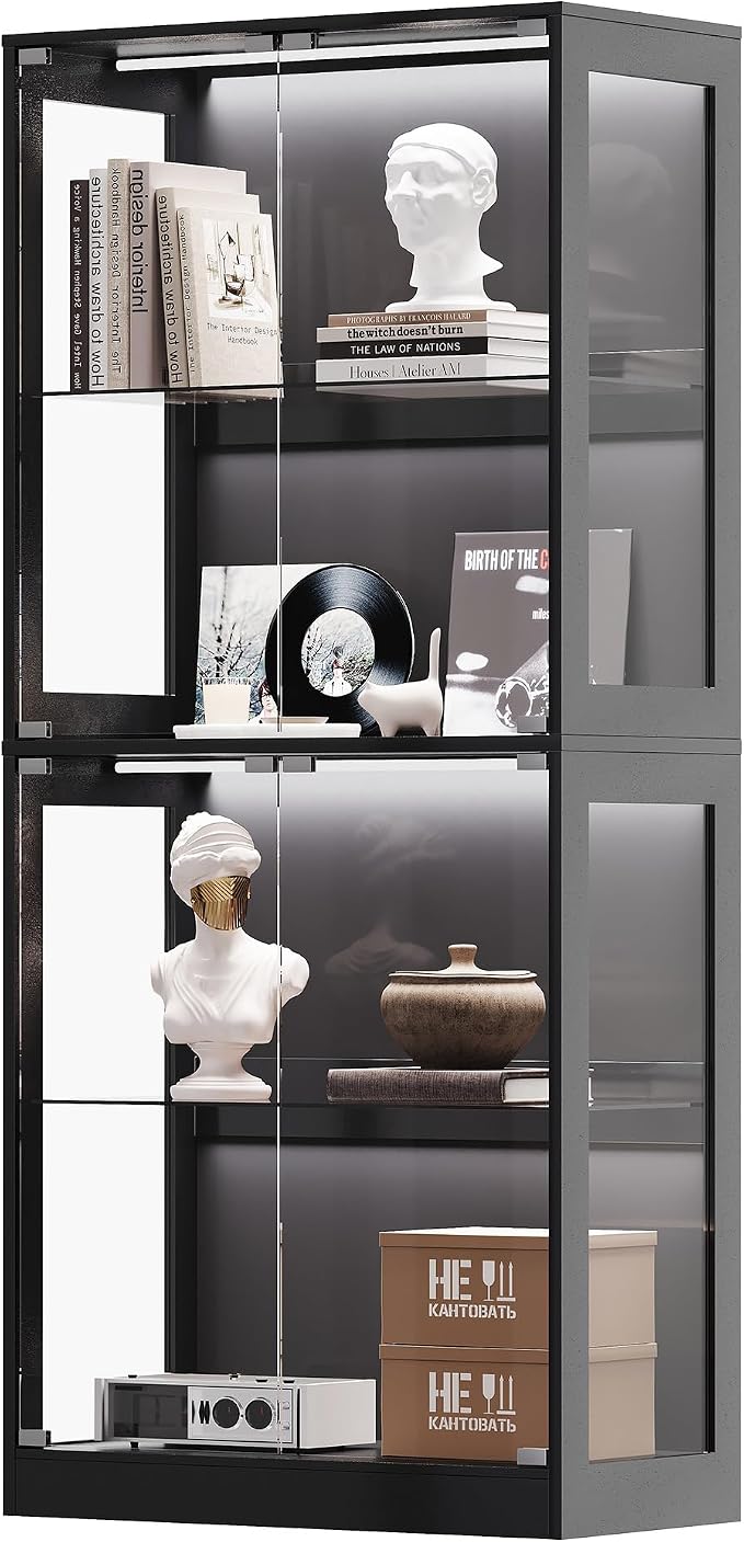AMERLIFE 32-Inch RGB Display Cabinet with Glass Shelves | 70 H x 32 W x 16 D In, 4-Tier Storage, RGB LED Lights, Press-to-Open Doors, for Collectibles, Black