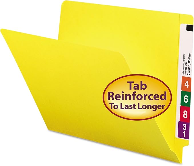 Smead End Tab File Folder, Shelf-Master Reinforced Straight-Cut Tab, Letter Size, Yellow, 100 per Box (25910)