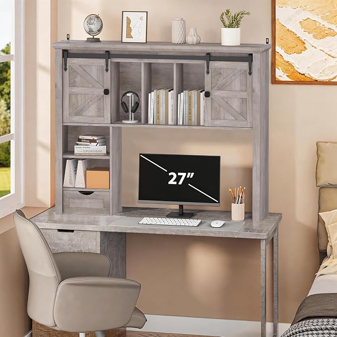 Large Desktop Bookshelf with Sliding Barn Door, 47.2''W Desk Shelf | Display Rack, Desktop Organizer Storage Rack with 7 Cubbies and Drawer, Home, Desk Shelf for Office, Dorm, Vanity, Oak