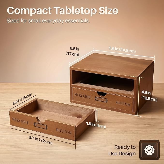 Flexzion Wooden Storage Box with 2 Drawers, Vintage Desktop Organizer | Compact Desk Organizer with Drawers for Office Supplies, Mail, Crafts and Vanity Items; 9.6 X 6.6 X 4.9 In; Fully Assembled