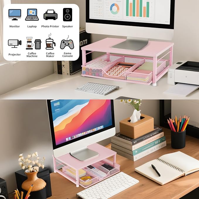 Small Pink Laptop Stand for Desk, Monitor Stand, Office Desk Accessories, Computer Desktop Stand with Drawer for Home, Office, School (Pink)