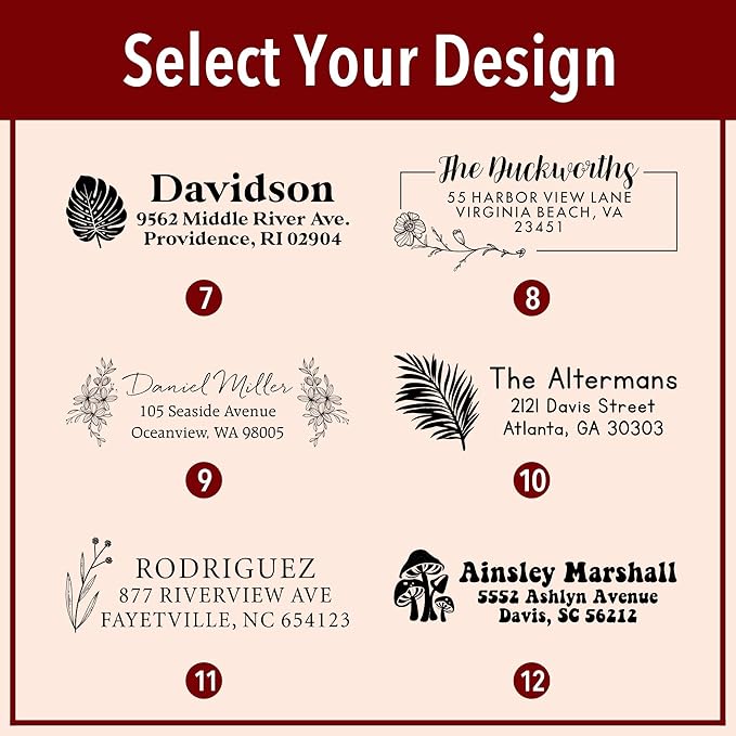 Custom Floral Address Stamp | Choose from 12 Designs | Multiple Ink Color Options | Envelope Return Address Stamp for Couple or Family (Design 11, Extra Large)