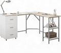 Techni Mobili 59" Two-Tone L‑Shaped Office Desk with Storage Shelves, Sand | 59" two‑tone L‑shaped desk with storage shelves, durable frame, modern corner workstation, spacious home office writing space