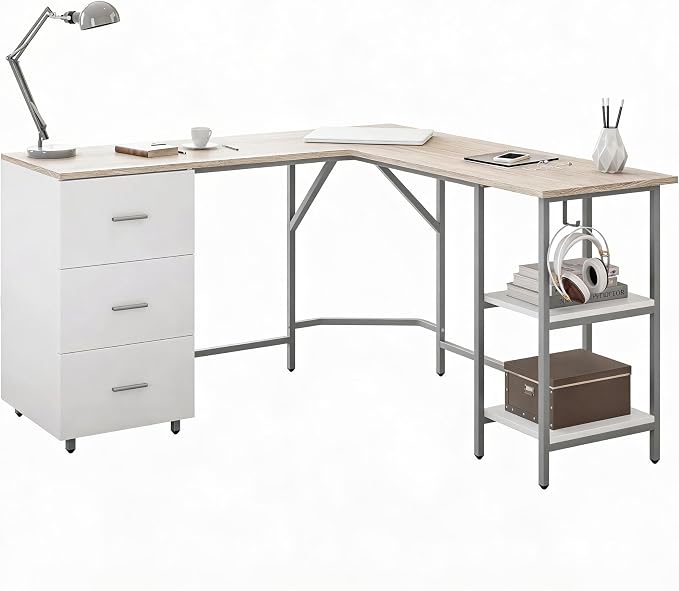Techni Mobili 59" Two-Tone L‑Shaped Office Desk with Storage Shelves, Sand | 59" two‑tone L‑shaped desk with storage shelves, durable frame, modern corner workstation, spacious home office writing space