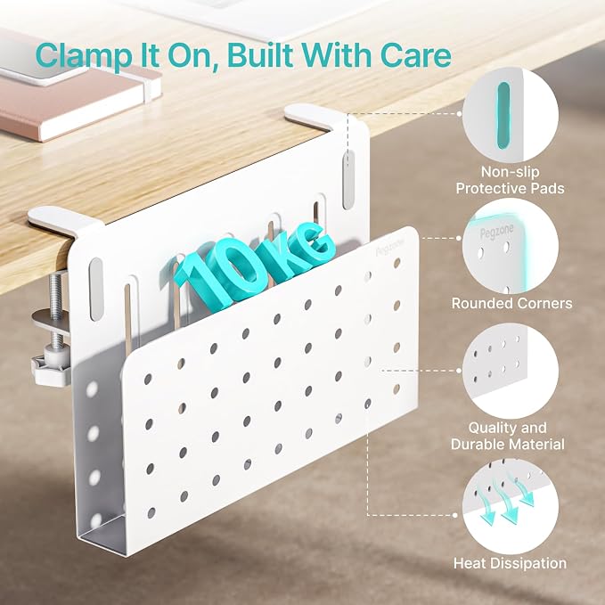 Desk Side Storage Organizer, Fits Flat Edge 0.4" to 2.2", White | No Drill Under Desk Laptop Holder, Clamp on Desks Shelf with Pegboard Accessories, Hanging Laptop Mount