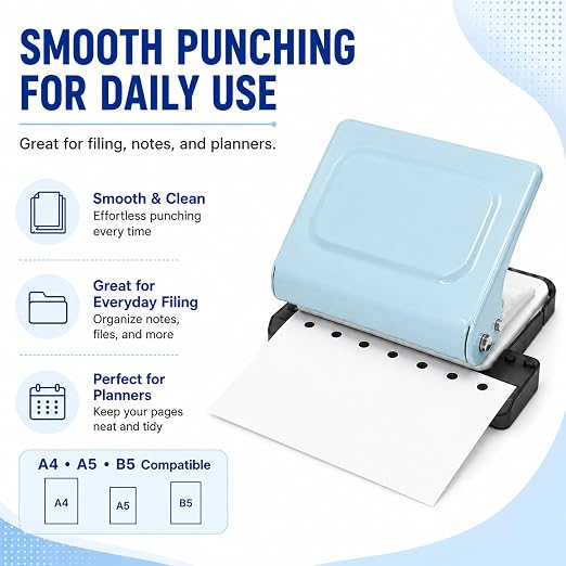 10 Hole Punch Binding Machine Kit for Planner (Blue) with 10 Multi-Color Spiral Coils, Adjustable A4 A5 B5 Paper Puncher, DIY Notebook Scrapbook Maker for Home Office School Organization