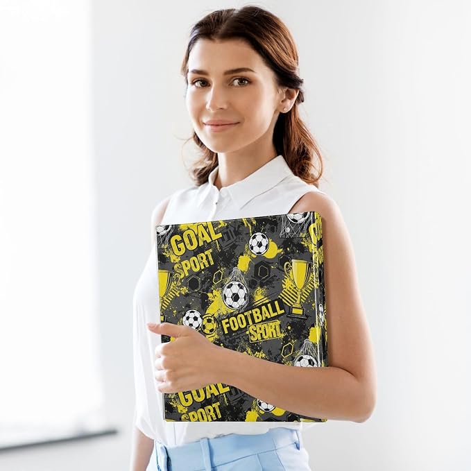 Aslsiy Kids 3 Ring Binder 1.5 Inch Football Yellow Soccer Gray Girls Round Clipboard Binder Decorative Harcover Binders Organizer for Office School Supply