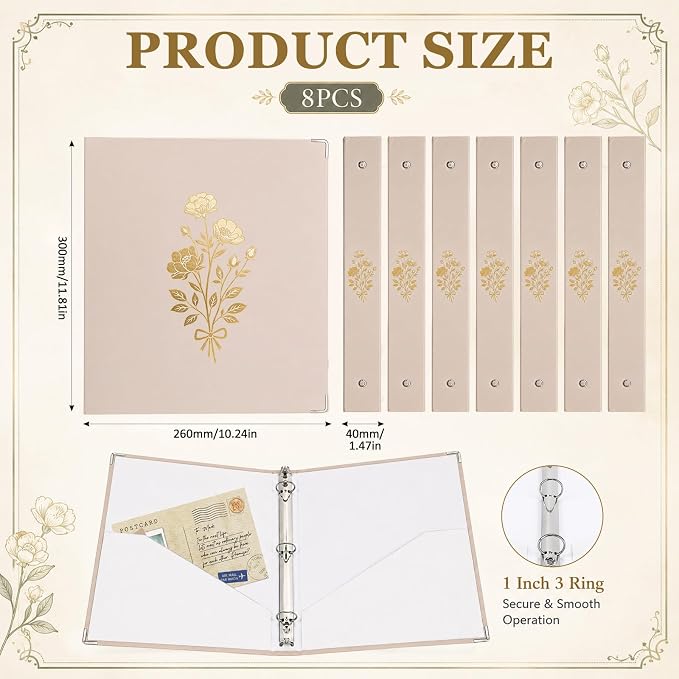 ReliThick 8 Pcs Aesthetic 3 Ring Binders, 1 Inch with Pockets,Beige | Paper Covers, 175 Sheet Capacity, 2 Inner Pockets, Organizer for 8.5" x 11" Letter Size, School, Office, Home,Floral Color