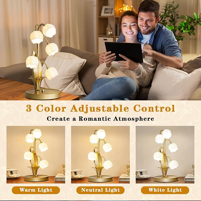 WERFOP Vintage Lily of the Valley Flower Table Lamp | 3 Color Adjustable LED Bedside Lamp, Cute Night Light for Bedroom, Living Room, Dorm Room, Office & Home Decor (Gold)