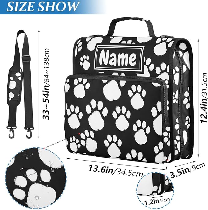Custom White Black Paws Print 3 Ring Binder Bag 1.5 inch Personalized Name Binder Organizer 500 Sheet Documents Storage for School Office