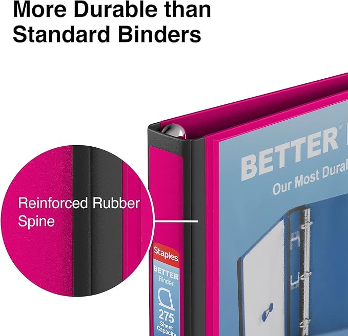 Staples Better Binder, 1-Inch 3-Ring View, Pink, 3-Pack