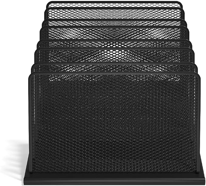TRU RED Wire Mesh File Organizer, 7‑Compartment, Matte Black, 2‑Pack – Vertical Desktop Sorter for Files, Folders & Mail