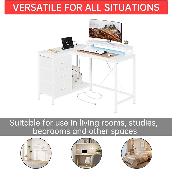Hetoy L-Shaped Gaming Desk with Power Outlets, Corner Desk with Drawers, Shelves & LED Lights, Computer Desk for Home & Office