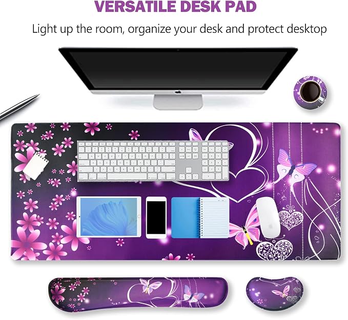 Large Gaming Mouse Pad, Keyboard Wrist Rest Pad & Wrist Support Mousepad Set, Stitched Edge, Extended, Non-Slip Base, Memory Foam Desk Mat for Office, Home, Purple Heart Butterfly