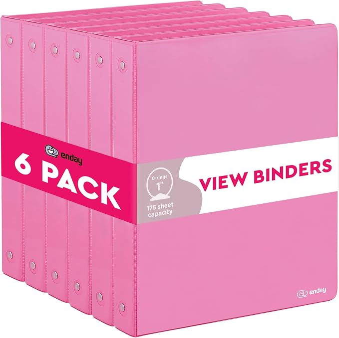 Enday 1 Inch Binder (6 Pack - Pink) 3 Ring Binder 1 inch with Clear View Cover and 2 Inside Pocket - for Letter Size 8.5 x 11'' Paper, Ideal for School Supplies, Office, and Home