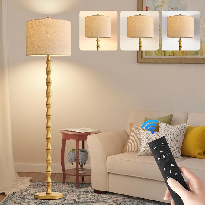 Wood Floor Lamps for Living Room Rustic Floor Lamp with Remote Control & 3 Color Temperature,Dimmable Floor Lamp Gold Mid Century Modern Standing Lamp Tall Farmhouse Floor Lamp For Bedroom Corner