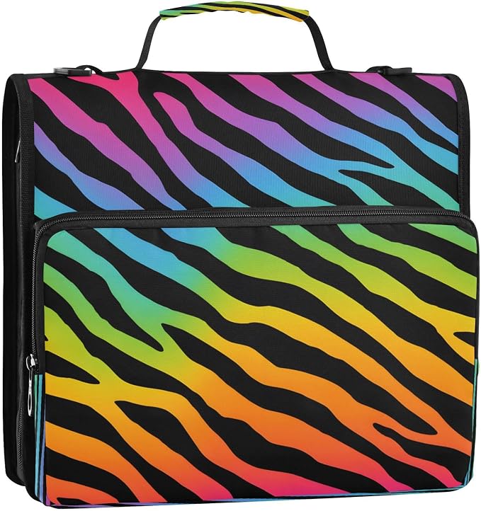 ALAZA Zipper Binder 3 Ring Colored Zebra Stripes Binder Organizer with Zipper and Shoulder Strap Large Capacity Multi-Pocket Trapper Keeper File Folder for Office Supplies