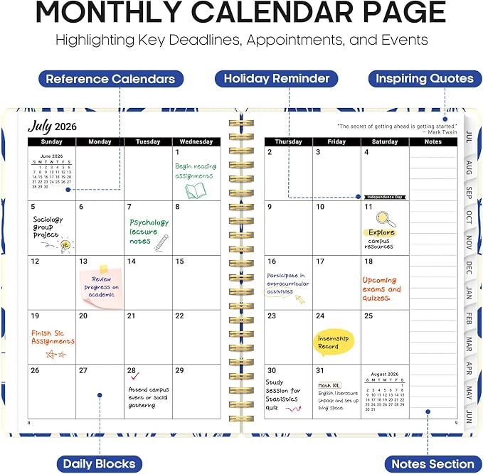Planner 2026-2027, Jul 2026-Jun 2027 Monthly & Weekly Planner Calendar | 6.3" x 8.5", Hardcover Academic Spiral Pretty School Planning Book for Women, Teacher, Student, Indigo Tulips