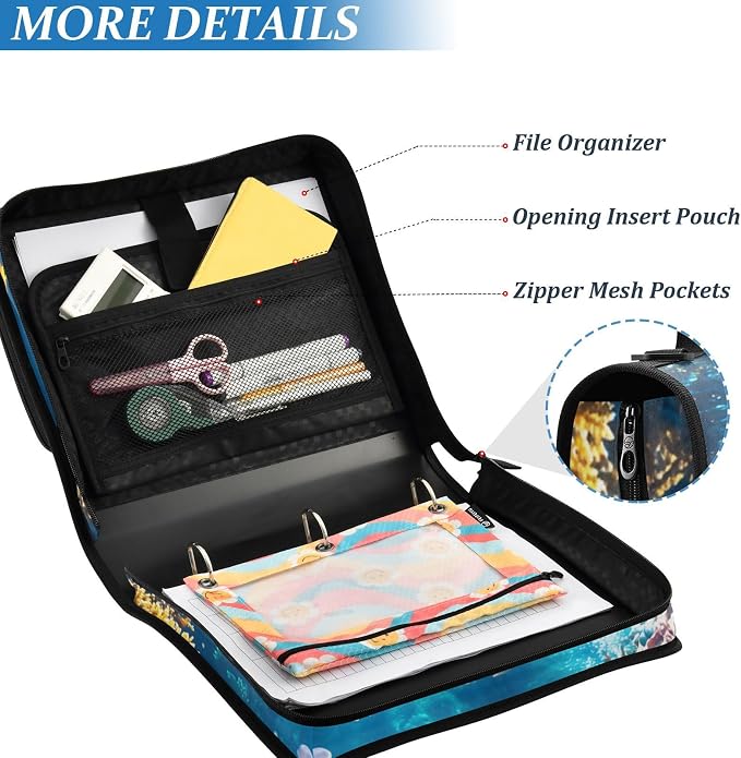 3 Ring Zipper Binder with Shoulder Strap Underwater Fish Ocean Nautical Coastal 2 Inch Zippered Binder Bag 500 Sheet Capacity Multi Pockets for School Supplies